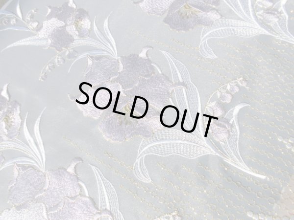 画像1: 最高級！シロ地にパープルとゴールドの花柄の広幅オーガンジレース　　1Ｍ